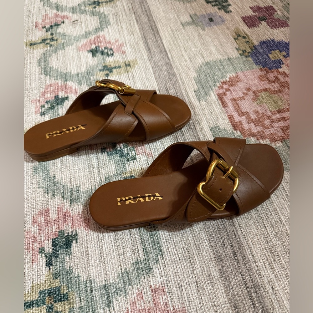 Prada Leather Buckle Crossover Sandals - Picture 5 of 8